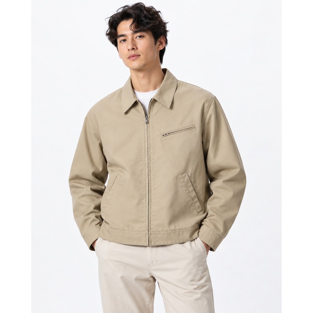 Uniqlo Zip-Up Blouson Beige Jacket Pockets Work Wear Casual Chore NWT L